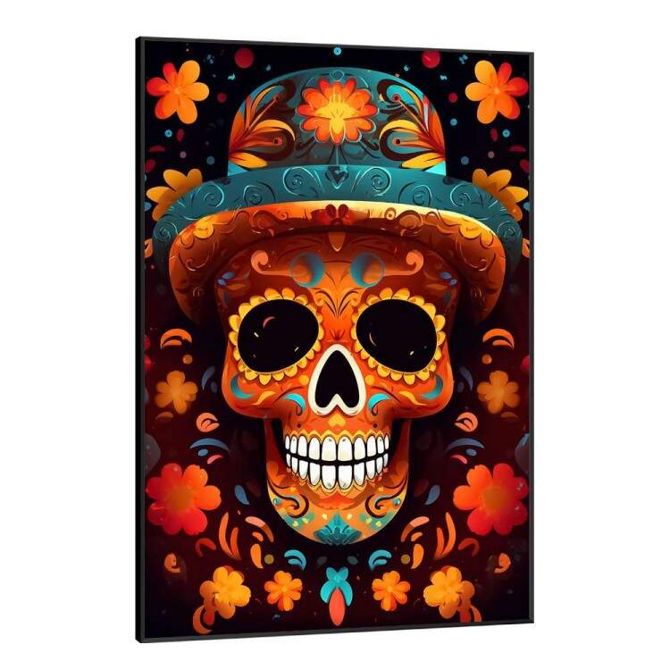 Quadro Decorativo Caveira Mexicana Laranja Com Chapu Verde-gua