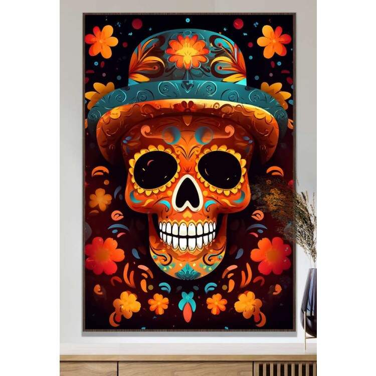 Quadro Decorativo Caveira Mexicana Laranja Com Chapu Verde-gua