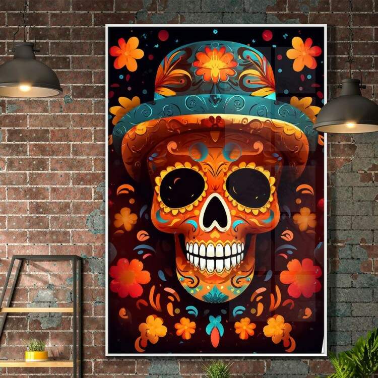 Quadro Decorativo Caveira Mexicana Laranja Com Chapu Verde-gua