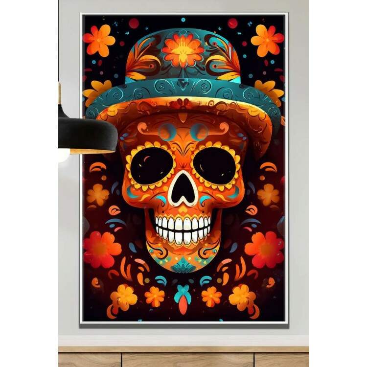 Quadro Decorativo Caveira Mexicana Laranja Com Chapu Verde-gua