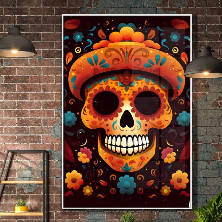 Quadro Decorativo Caveira Mexicana Laranja Com Detalhes Azuis Fundo Preto