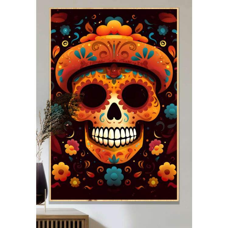 Quadro Decorativo Caveira Mexicana Laranja Com Detalhes Azuis Fundo Preto