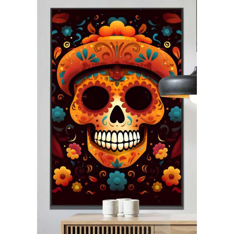 Quadro Decorativo Caveira Mexicana Laranja Com Detalhes Azuis Fundo Preto