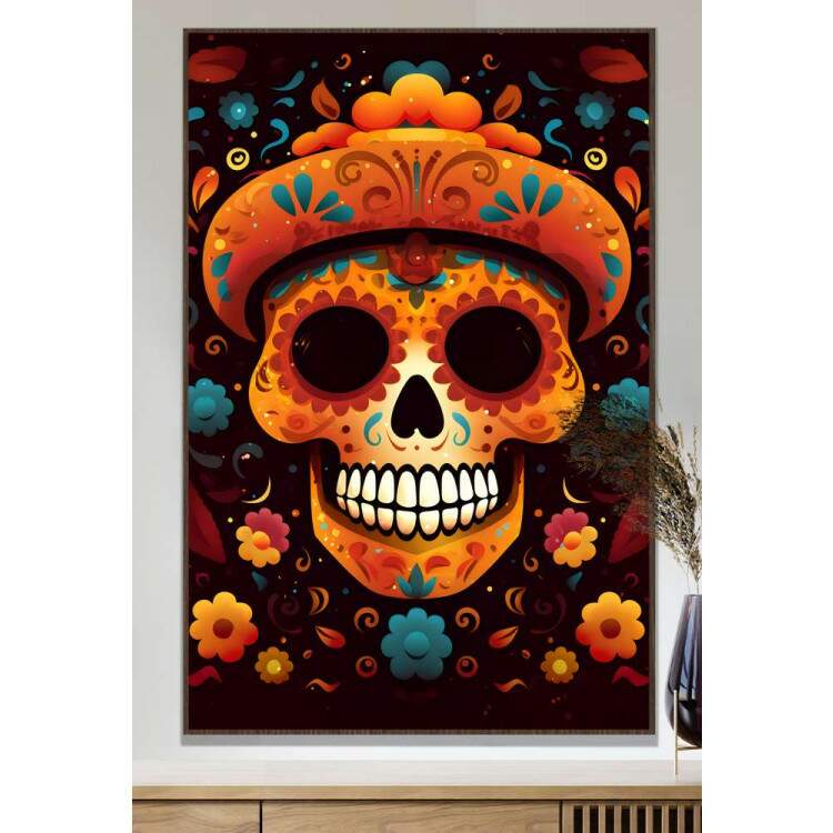 Quadro Decorativo Caveira Mexicana Laranja Com Detalhes Azuis Fundo Preto