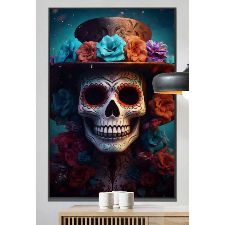 Quadro Decorativo Caveira Mexicana Realista Com Chapu De Flores