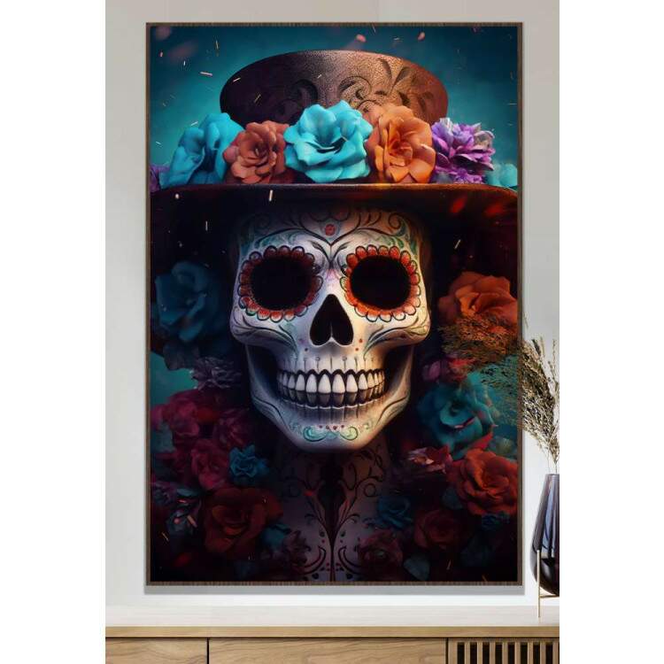 Quadro Decorativo Caveira Mexicana Realista Com Chapu De Flores