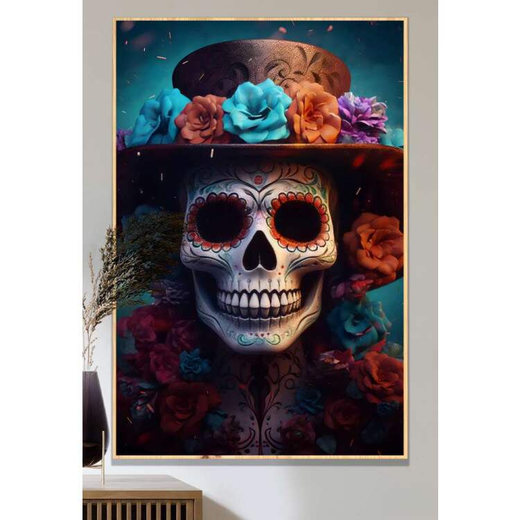 Quadro Decorativo Caveira Mexicana Realista Com Chapu De Flores