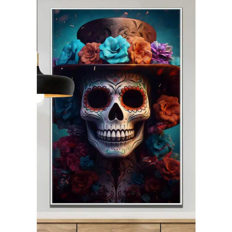 Quadro Decorativo Caveira Mexicana Realista Com Chapu De Flores