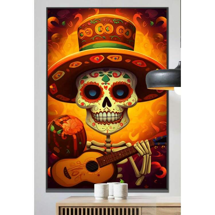 Quadro Decorativo Caveira Mexicana Tocando Violo