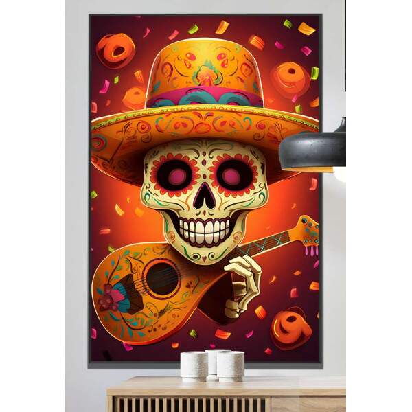 Quadro Decorativo Caveira Mexicana Tocando Violo Tons de Laranja