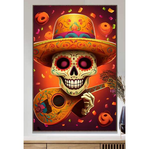 Quadro Decorativo Caveira Mexicana Tocando Violo Tons de Laranja