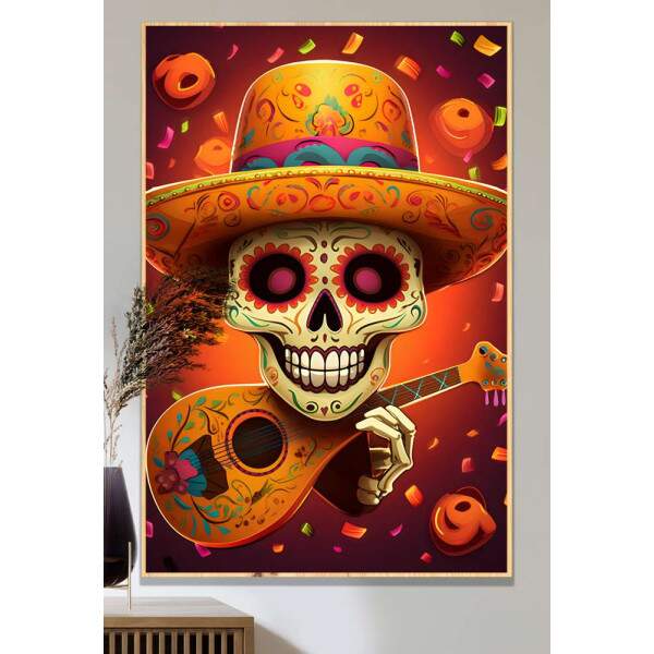 Quadro Decorativo Caveira Mexicana Tocando Violo Tons de Laranja