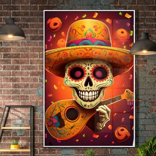 Quadro Decorativo Caveira Mexicana Tocando Violo Tons de Laranja