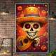 Quadro Decorativo Caveira Mexicana Tocando Viol�o Tons de Laranja