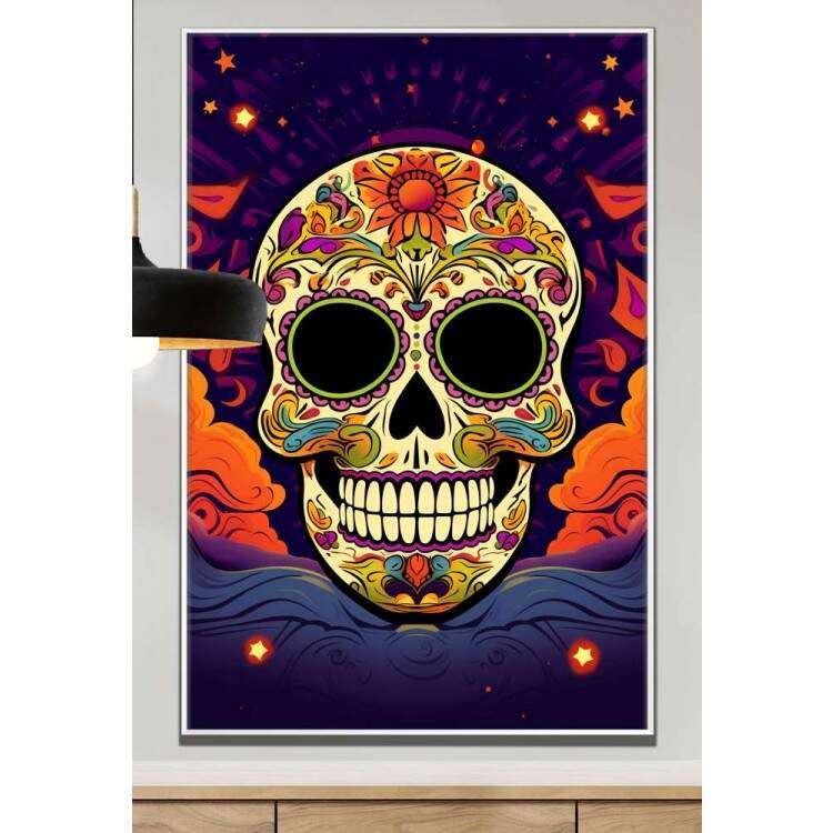 Quadro Decorativo Caveira Mexicana Toda Desenhada Fundo Azul e Laranja