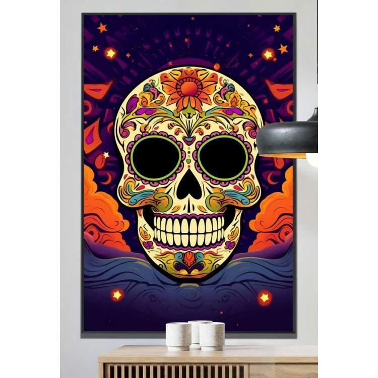 Quadro Decorativo Caveira Mexicana Toda Desenhada Fundo Azul e Laranja