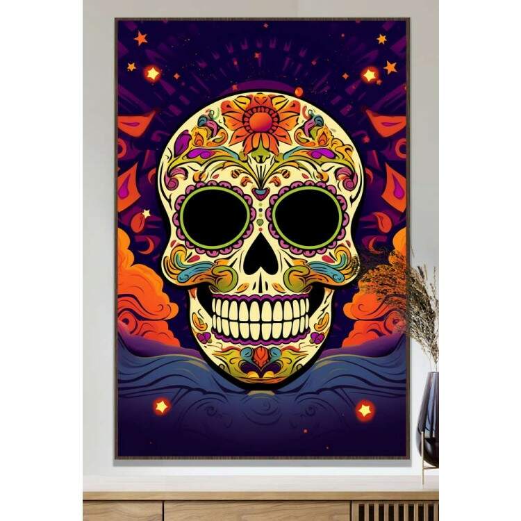 Quadro Decorativo Caveira Mexicana Toda Desenhada Fundo Azul e Laranja