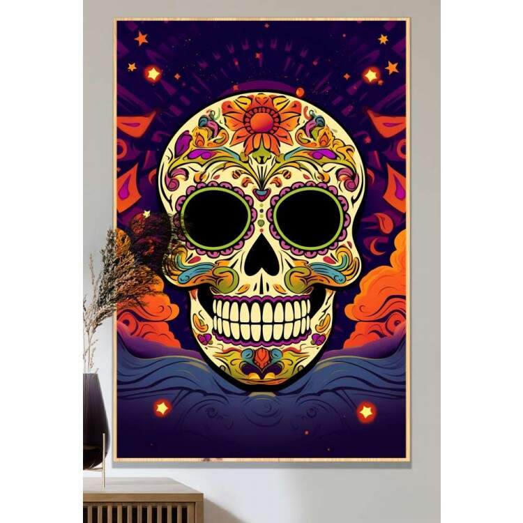 Quadro Decorativo Caveira Mexicana Toda Desenhada Fundo Azul e Laranja