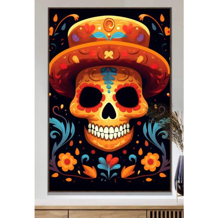 Quadro Decorativo Caveira Mexicana Toda Laranja Com Fundo Preto