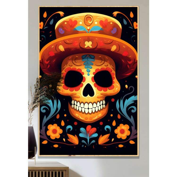 Quadro Decorativo Caveira Mexicana Toda Laranja Com Fundo Preto