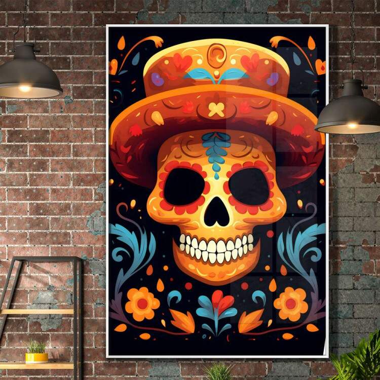 Quadro Decorativo Caveira Mexicana Toda Laranja Com Fundo Preto