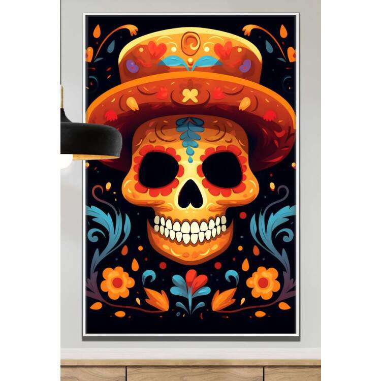 Quadro Decorativo Caveira Mexicana Toda Laranja Com Fundo Preto