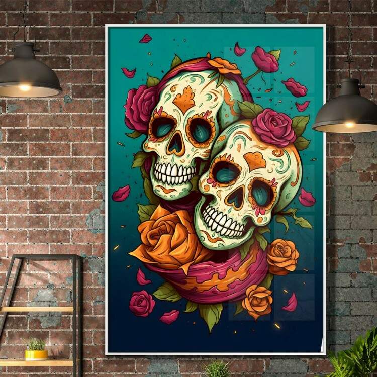 Quadro Decorativo Duas Caveiras Mexicanas Com Fundo Verde