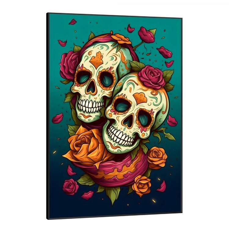 Quadro Decorativo Duas Caveiras Mexicanas Com Fundo Verde