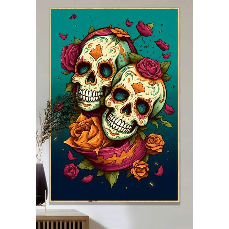 Quadro Decorativo Duas Caveiras Mexicanas Com Fundo Verde