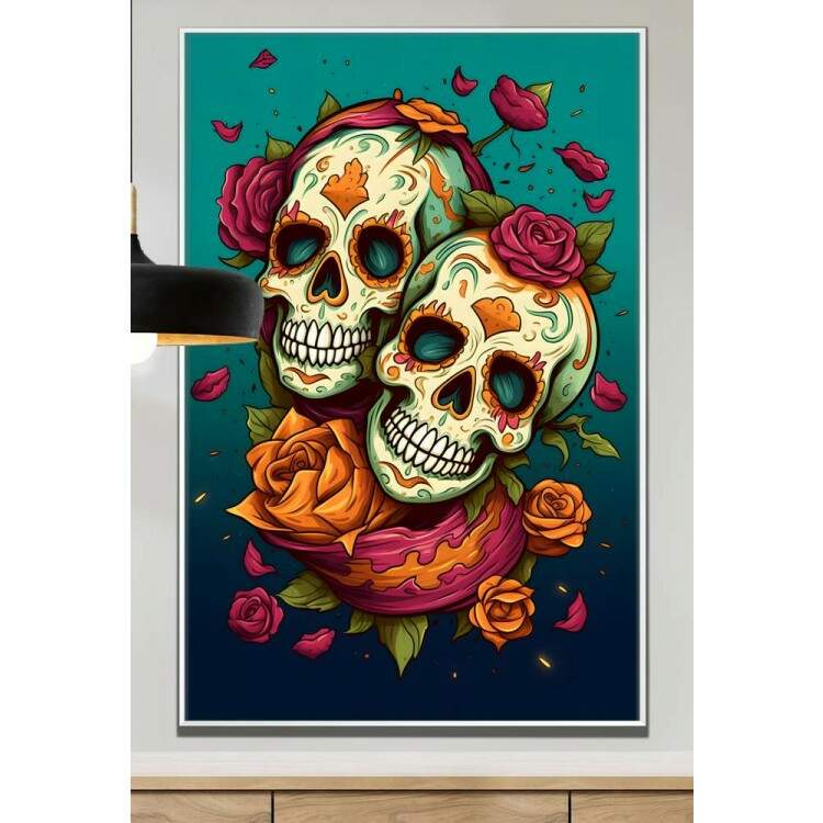 Quadro Decorativo Duas Caveiras Mexicanas Com Fundo Verde