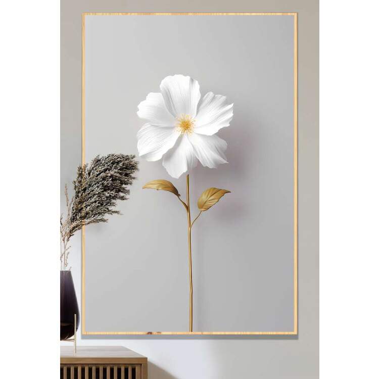 Quadro Decorativo Arte Minimalista Flor de Caule Dourado e Ptalas Brancas