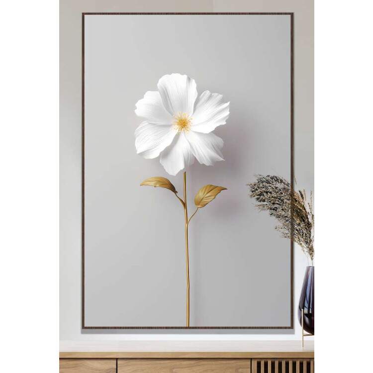 Quadro Decorativo Arte Minimalista Flor de Caule Dourado e Ptalas Brancas