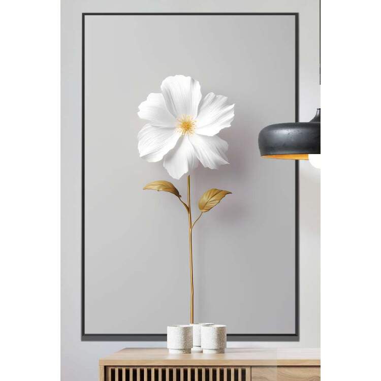 Quadro Decorativo Arte Minimalista Flor de Caule Dourado e Ptalas Brancas