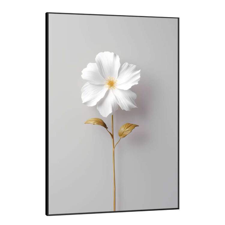 Quadro Decorativo Arte Minimalista Flor de Caule Dourado e Ptalas Brancas