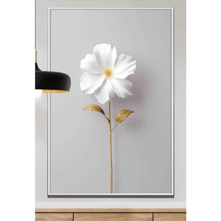 Quadro Decorativo Arte Minimalista Flor de Caule Dourado e Ptalas Brancas