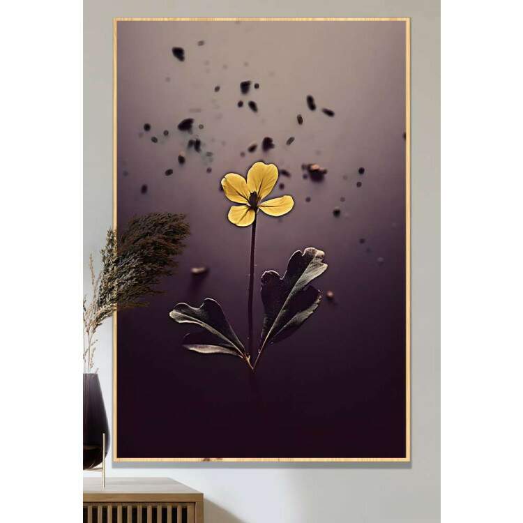 Quadro Decorativo Flor Amarela Minimalista Fundo Roxo