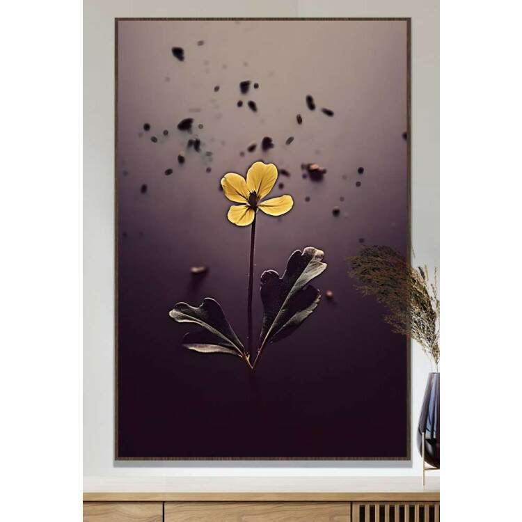 Quadro Decorativo Flor Amarela Minimalista Fundo Roxo