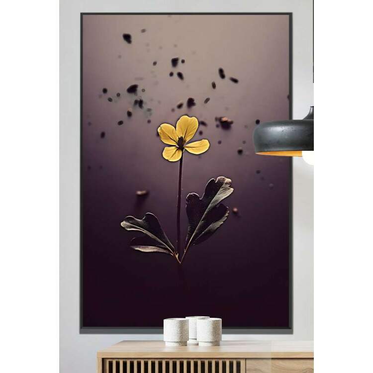 Quadro Decorativo Flor Amarela Minimalista Fundo Roxo