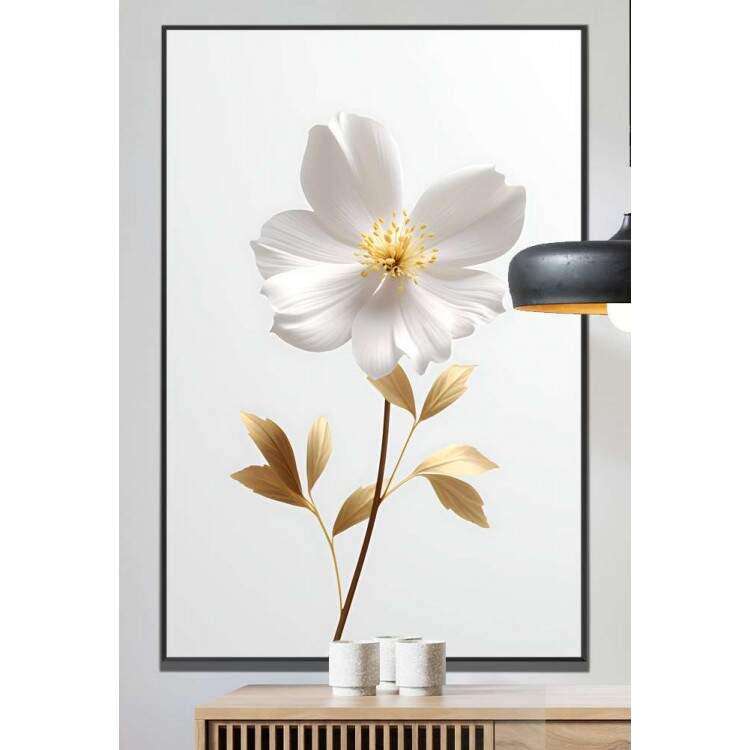 Quadro Decorativo Flor Branca com Caule Dourado