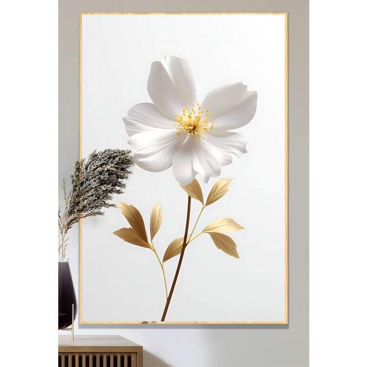 Quadro Decorativo Flor Branca com Caule Dourado