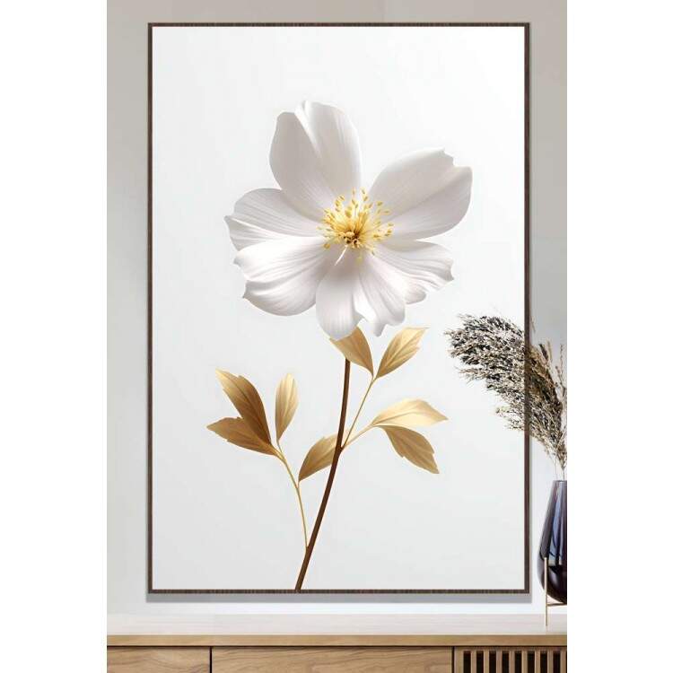 Quadro Decorativo Flor Branca com Caule Dourado