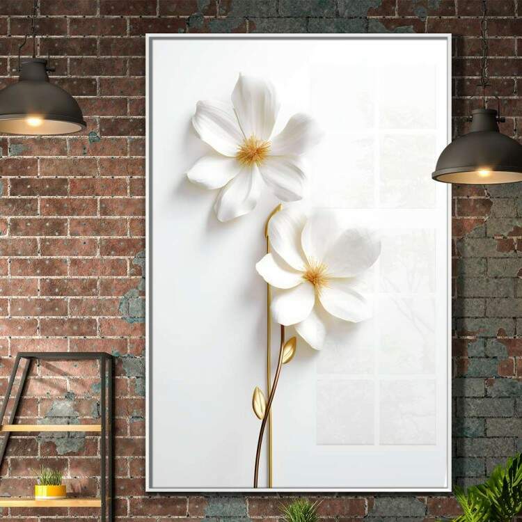 Quadro Decorativo Flor Branca Delicada Com Caule Dourado