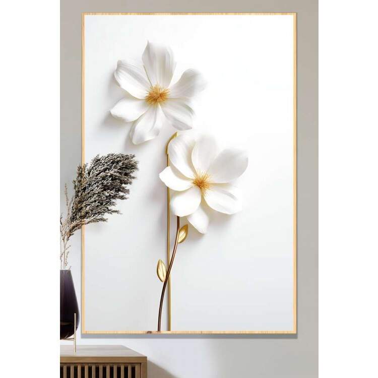 Quadro Decorativo Flor Branca Delicada Com Caule Dourado