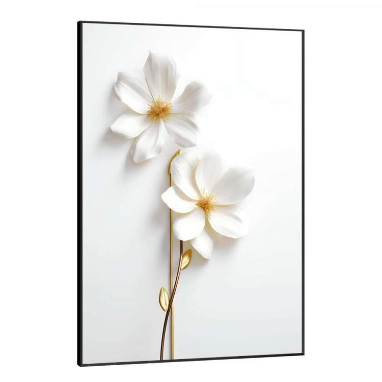 Quadro Decorativo Flor Branca Delicada Com Caule Dourado