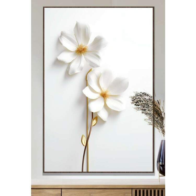 Quadro Decorativo Flor Branca Delicada Com Caule Dourado