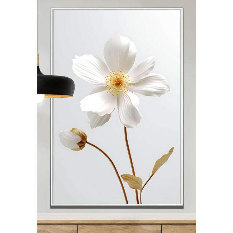 Quadro Decorativo Flor Com Caule Dourado e Fundo Branco