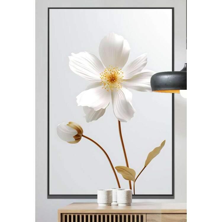 Quadro Decorativo Flor Com Caule Dourado e Fundo Branco