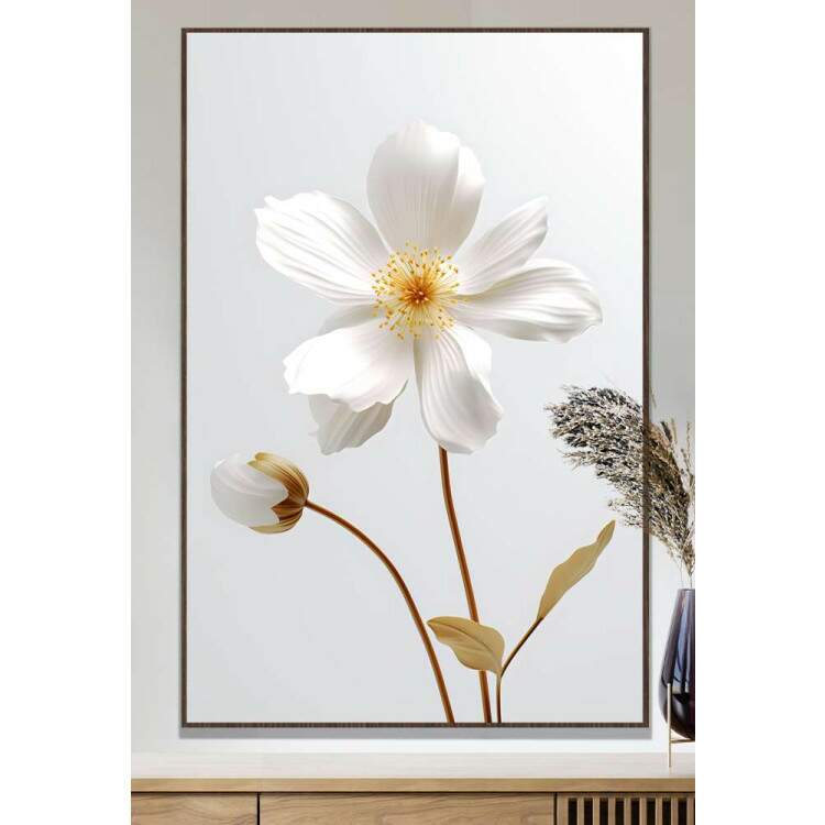 Quadro Decorativo Flor Com Caule Dourado e Fundo Branco