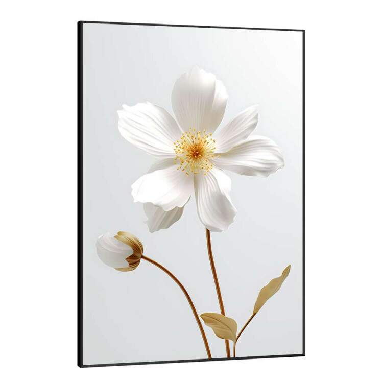 Quadro Decorativo Flor Com Caule Dourado e Fundo Branco