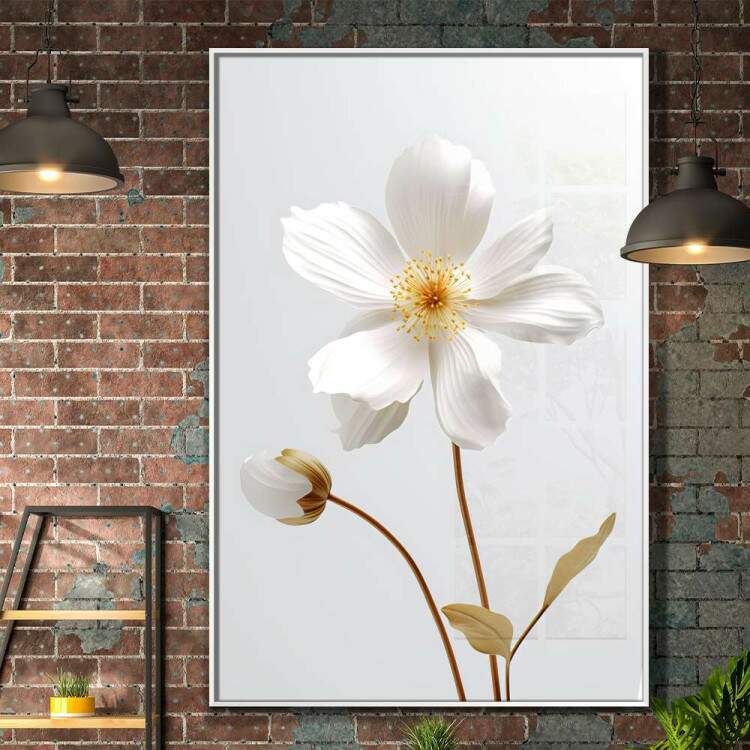 Quadro Decorativo Flor Com Caule Dourado e Fundo Branco